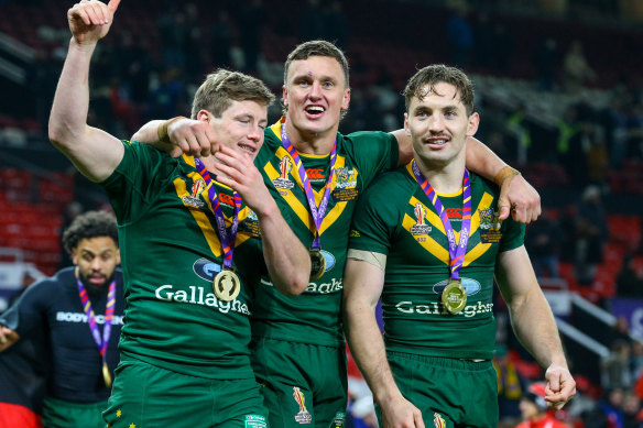 Australia’s Harry Grant, Jack Wighton and Cameron Murray after winning the Rugby League World Cup at Old Trafford on November 19, 2022.