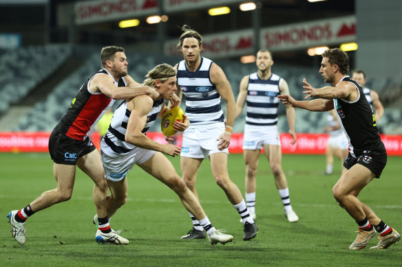 Marc Blicavs (second from left) says the Cats will have to step up in Tom Stewart’s absence.