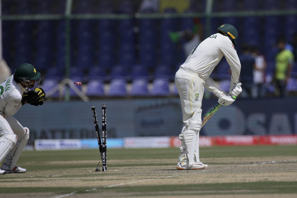 Usman Khawaja was bowled for 160.