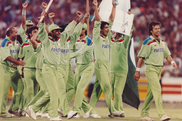 The Pakistanis, led by Imran Khan, celebrate their triumph. 