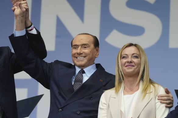 Forza Italia’s Silvio Berlusconi and incoming prime minister Giorgia Meloni at an election rally in September.