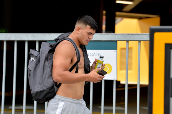 Broncos enforcer David Fifita leaves Suncorp on Thursday after the captain's run behind closed doors.