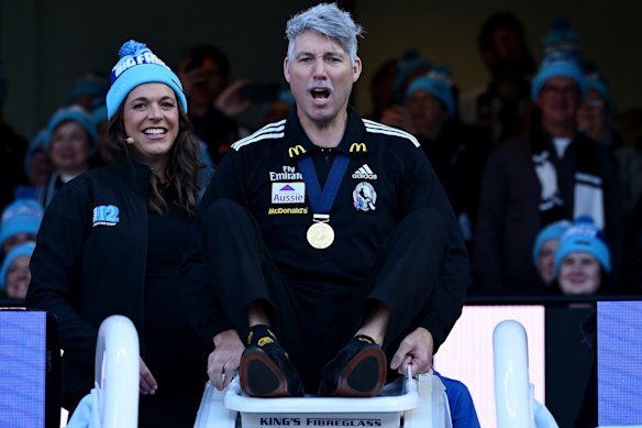 Dale Thomas goes down the slide as Mick Malthouse for FightMND Big Freeze earlier this year.
