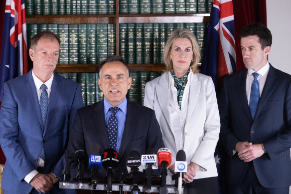 Opposition Leader John Pesutto answers questions on March 20 about his move to expel Deeming from the parliamentary Liberal Party, flanked by (from left) David Southwick, Georgie Crozier and Matt Bach.