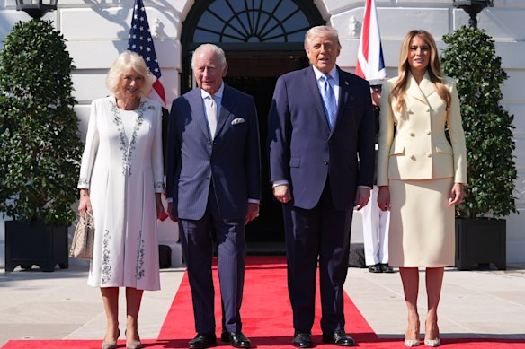 Charles and Camilla, in an Anna Valentine dress, with Donald Trump and Melania Trump, in an Adam Lippes suit, at the White House.
