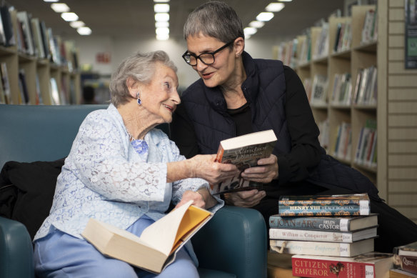 Dorothy McGillivray, 96, from Liverpool, with librarian Mary Bush.