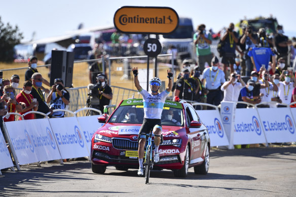 Alexey Lutsenko of Kazakhstan crosses the line for his first Tour de France stage win on Thursday.