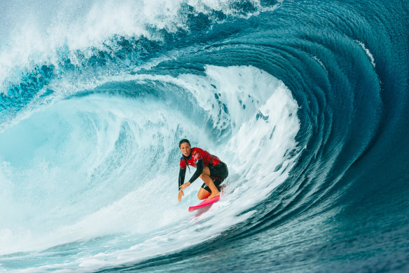 Wright in the thick of a Teahupo’o barrel during this year’s Tahiti Pro.