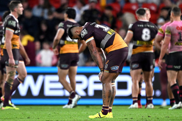 A dejected Payne Haas after Brisbane’s fifth straight loss.