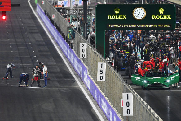 Race director Michael Masi inspects the track in Saudi Arabia.