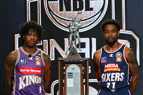 Kendric Davis of the Kings and Bryce Cotton of the 36ers pose during the NBL finals series launch.