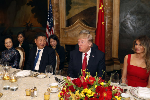 Then US president Donald Trump and Chinese President Xi Jinping, with their wives, first lady Melania Trump and Chinese first lady Peng Liyuan dined at Mar-a-Lago, in 2017.