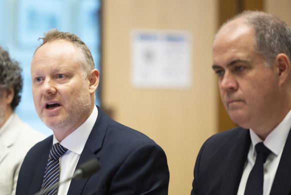 SBS managing director James Taylor (left) and ABC managing director David Anderson at Friday’s Senate hearing.