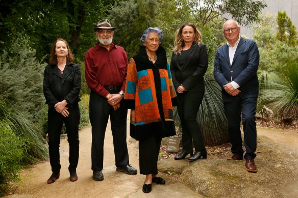 Yoorrook Justice Commissioners (L-R) Professor Maggie Walter, Dr Wayne Atkinson, Distinguished Yoorook chair Professor Eleanor Bourke, Yoorrook deputy chair Sue-Anne Hunter, and Professor Kevin Bell.