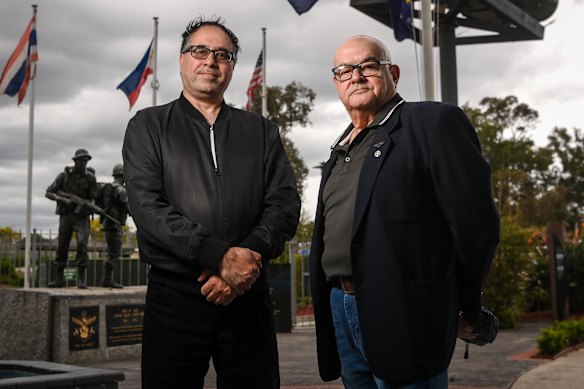 Raz Mohammed, an Afghan interpreter, alongside ex-ADF investigator Peter Ensor outside the Dandenong RSL, where they were reunited last month.