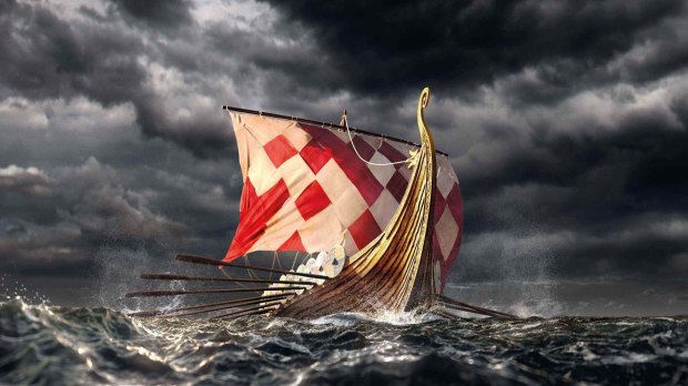 An artists' image of the Krampmacken, a Viking merchant boat whose remains were found in the 1920s. A partial replica will be displayed at the Melbourne Museum's new Vikings exhibition.