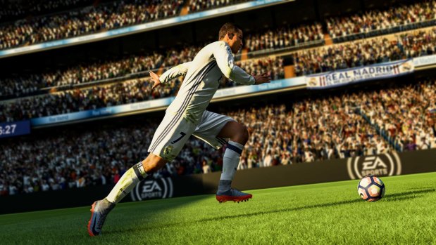 A screenshot of Cristiano Ronaldo from EA Sports' FIFA 2018 soccer game.