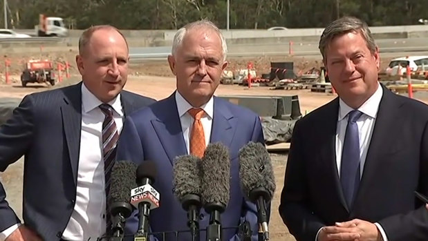 Opposition Leader Tim Nicholls with Prime Minister Malcolm Turnbull and federal MP Luke Howarth.
