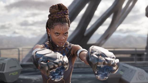  Letitia Wright in a scene from <i>Black Panther</i>.  