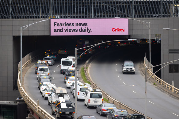 Crikey advertising on an electronic billboard on Kings Way in Melbourne on Wednesday.