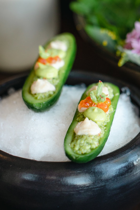 Cucumber with smoked eel and lobster mousse.