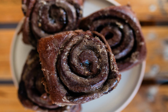 Cherry chocolate cinnamon buns at Burnt Honey Bakers Pantry at Long Jetty.