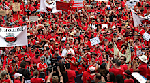 Teachers rally at the steps of Parliament House as part of a 24-hour strike in early March.