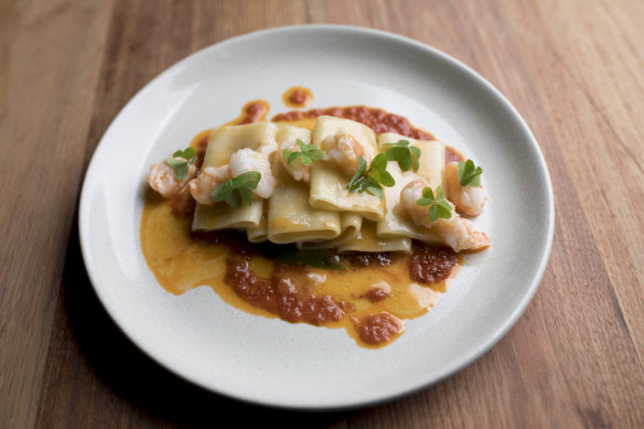 Paccheri pasta with prawns at Osteria Ilaria.