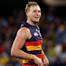 Jordan Dawson of the Crows celebrates a goal.