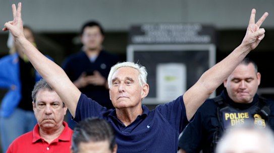 Roger Stone mimicked a Richard Nixon pose as he left a Florida court on bail.