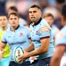 Jack Debreczeni on the attack for the Waratahs against the Blues.