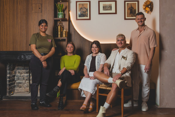 From left: Head chef Ahana Dutt, head sommelier Ella Stening, restaurant manager Haley Baker, and co-owners Kirk and Nick Mathews-Bowden.
