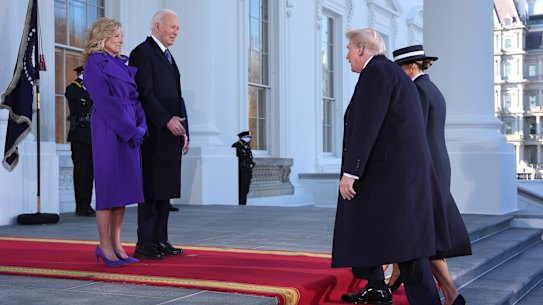 President Joe Biden, center left, and first lady Jill Biden, left, greet President-elect Donald Trump, center right, and Melania Trump,