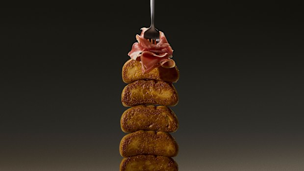 This pink goo is mixed with butter, shallots and brandy to make a parfait, and combined with fava bean protein and coconut oil to make lobes that resemble foie gras.