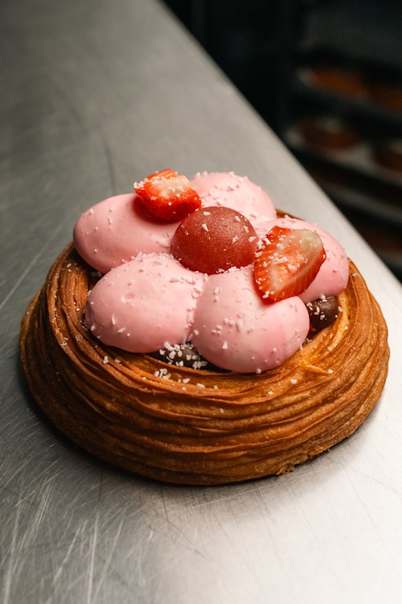 Strawberries and dark chocolate mascarpone flower danish.