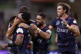 Filipo Daugunu of the Rebels celebrates a try during the round two Super Rugby Pacific match.