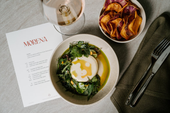 Goat’s cheese custard, Andean crisps, aji panca and huacatay oil.