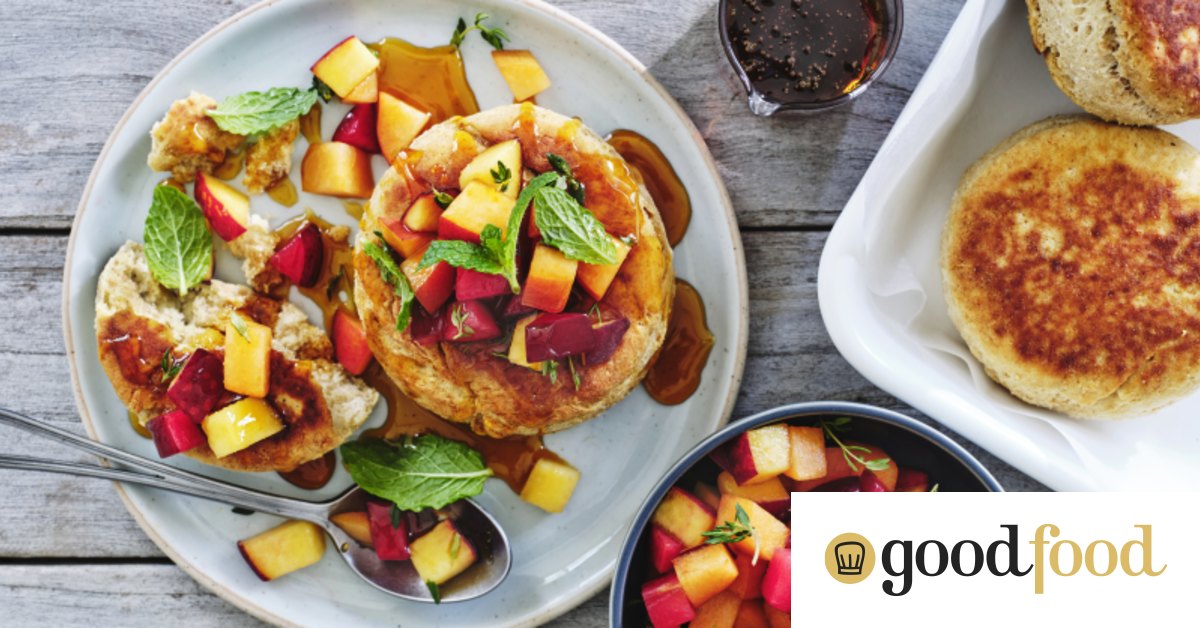 Adam Liaw’s johnny cakes with peach salsa and golden syrup