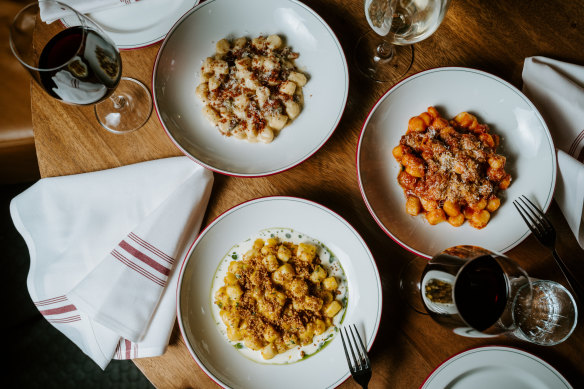 Rossi’s gnocchi comes with a choice of (clockwise from top right) carbonara, wagyu beef ragu or roasted pumpkin sauce.
