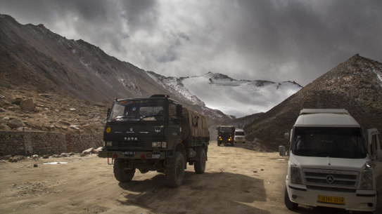 An Indian Army truck crosses Chang la pass near Pangong Lake in Ladakh region, India, in 2018. Indian and Chinese soldiers are again in a bitter stand-off in the remote and picturesque border region.