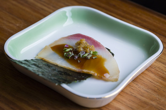 Buri (Japanese kingfish) marinated in zuke-soy sauce for 24 hours, served with spicy ginger miso (nameromiso) and first-harvest Ariake seaweed.