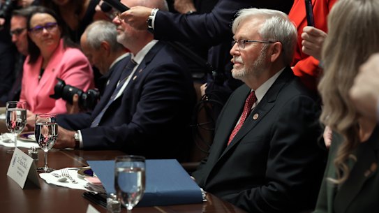 The awkwardness of the interaction was immediately apparent to everybody but Trump, who did not realise that Rudd was sitting across the table from him.