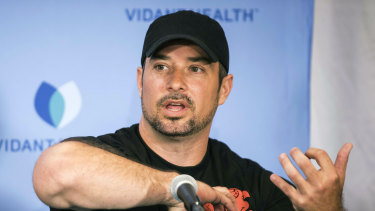 Charlie Winter describes how he grabbed his daughter Paige, 17, by her upper body to get her loose from a shark's grip  during a press conference, in Greenville, North Carolina. 