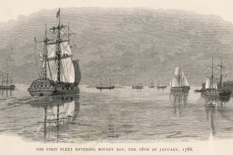 The First Fleet enters Botany Bay in 1788, bringing with it Australian history.