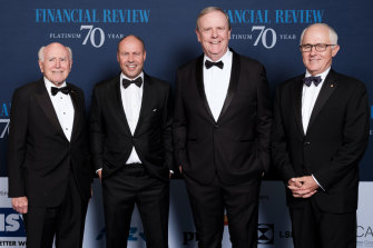 Malcolm Turnbull, right, with former Liberal prime minister John Howard, Treasurer Josh Frydenberg, and former treasurer Peter Costello in March.