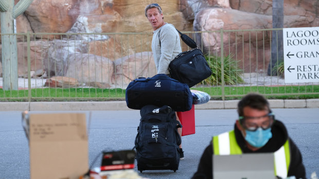 Melbourne Storm coach Craig Bellamy arrives at the Quality Resort Siesta in Albury on Tuesday.