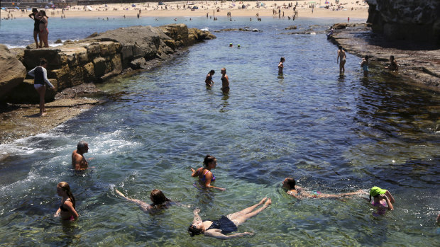 Beating the heat: Beachgoers cool off at Coogee on Tuesday.