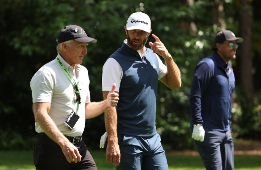 LIV Golf’s Greg Norman with players Dustin Johnson and Phil Mickelson.