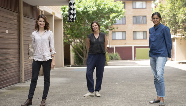Producers, from left, Bree-Anne Sykes, Annabel Davis, Sheila Jayadev on the set of Here Out West at Blacktown.