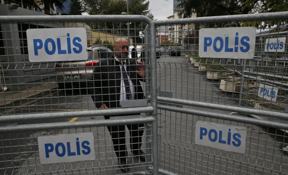 Barriers block the road leading to the Saudi Arabia consulate in Istanbul.